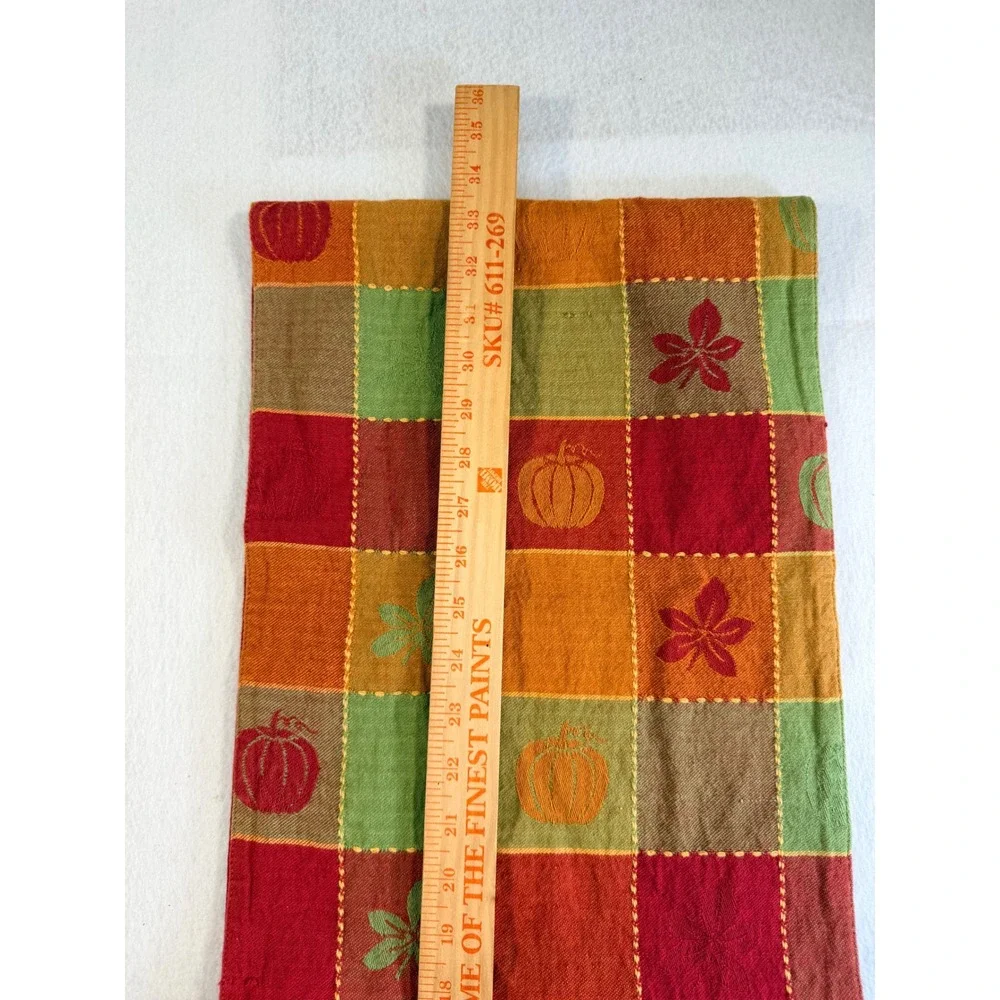 Autumn Patchwork Pumpkin Leaf Woven Table Runner Red Orange Green 13x70
